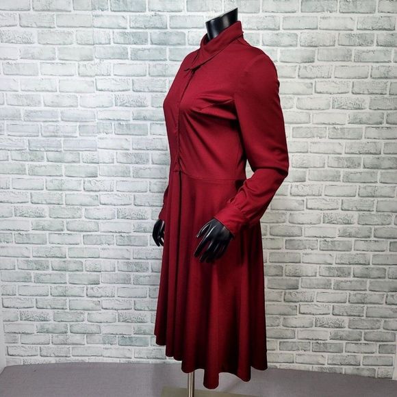 Vintage 70s Jan Sue Calif Womens M Burgundy Polyester L/S Disco Shirt Dress - Picture 6 of 8